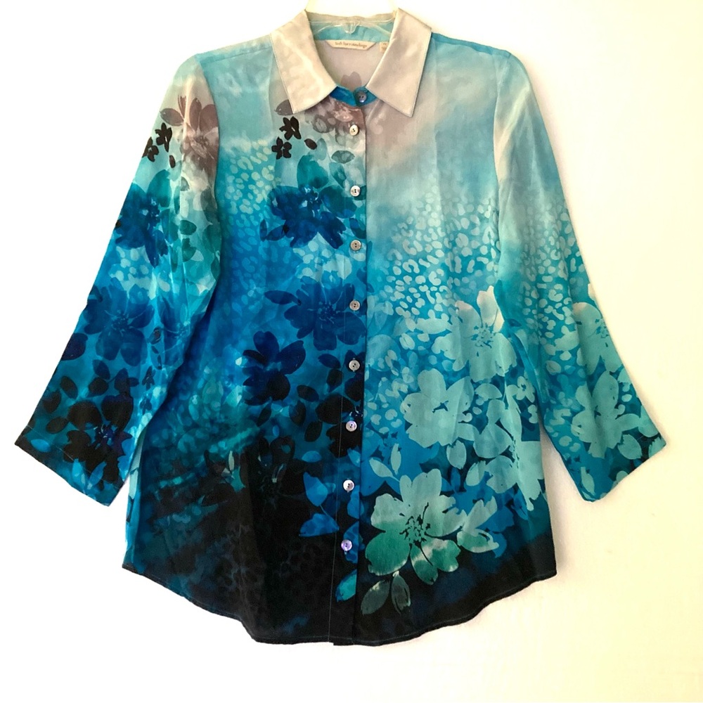 Soft Surroundings Petite Turquoise Floral Silk Blouse Size PS